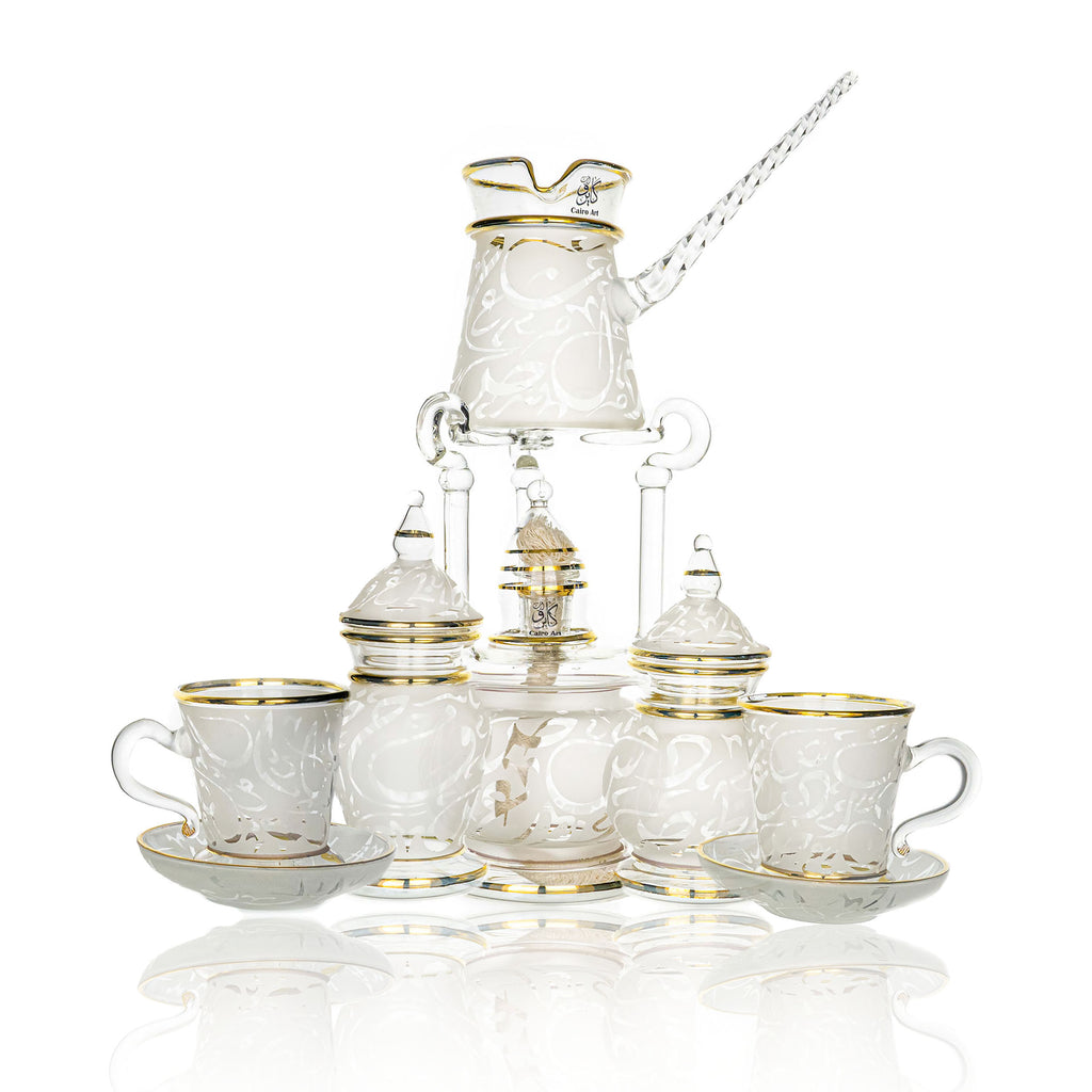 طقم قهوه بيركس حروف ابيض دهب اصفر ك